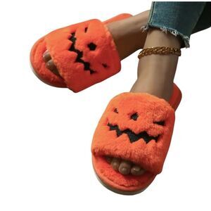 Halloween Pumpkin Slippers 9 Slide Plush Orange Cozy Comfy Scary Slide On